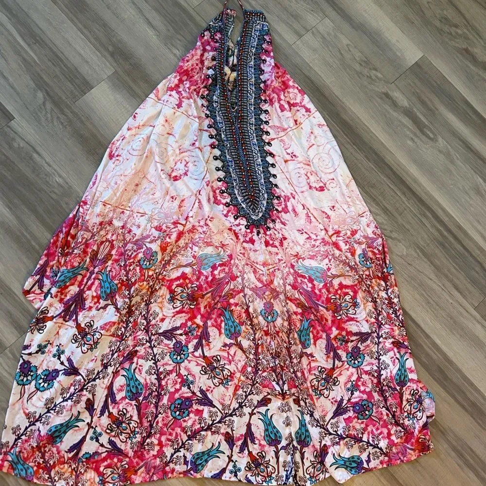 Dia Collections High Low Gem Top Deep V Tie Neck Dress